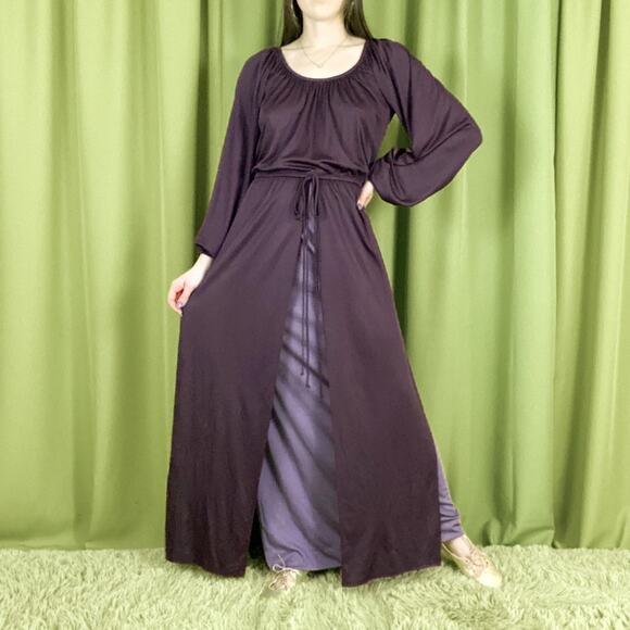 80s Vintage Dark Plum Slouchy A Line Poly Maxi Dress with Monochrome Layering - Picture 1 of 5